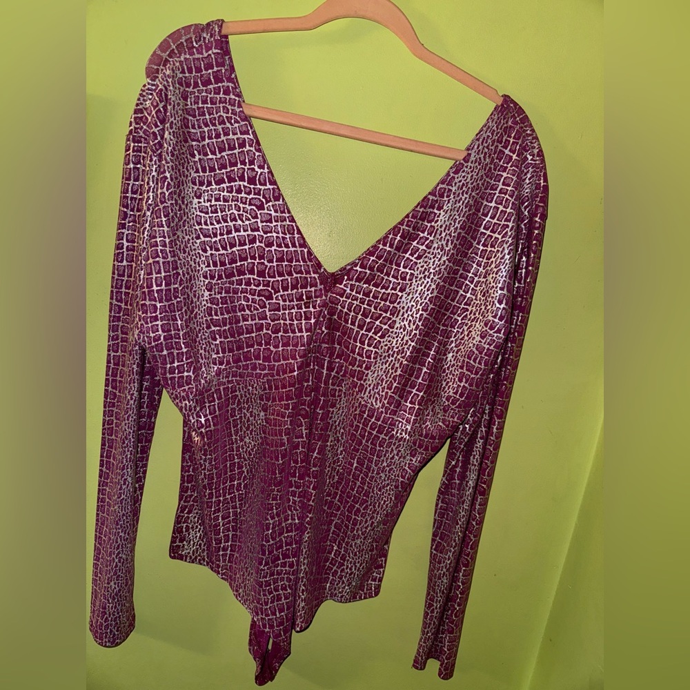V-Cut Silver & Pink Snake Metallic Long Sleeve Bodysuit